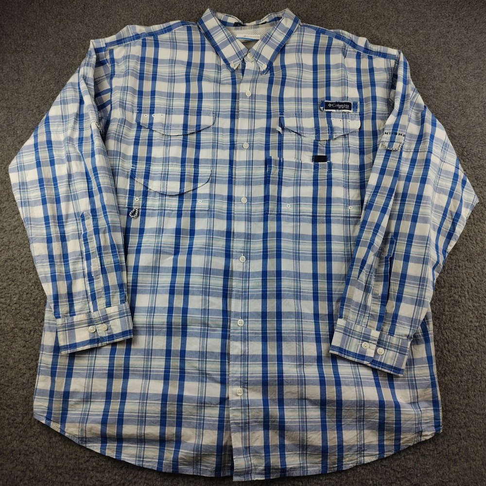 Columbia PFG Super Bonehead Fishing Shirt Mens XL Blue Plaid Long Sleeve Vent